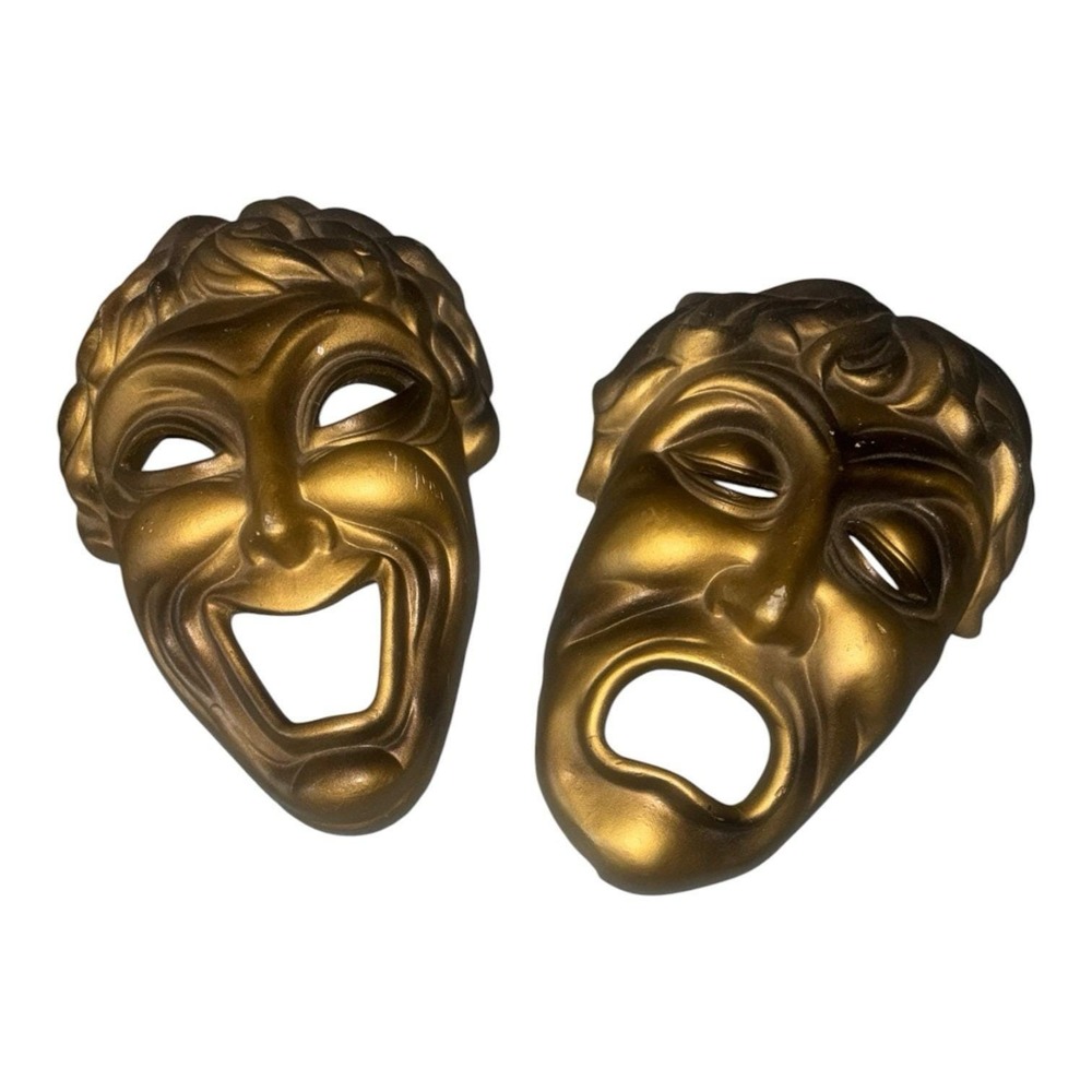 Vtg ARDCO Plaster Theater Gold Masks Comedy and Tragedy 1960s